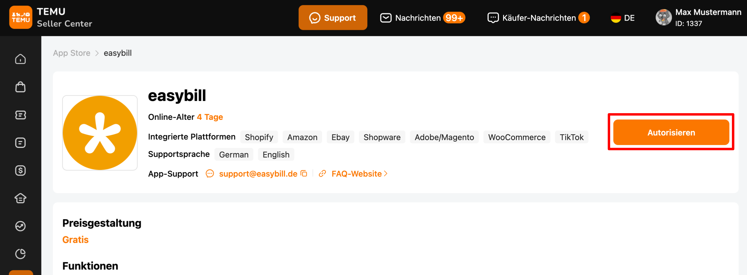 Zeigt Screenshot der easybill-App bei Temu