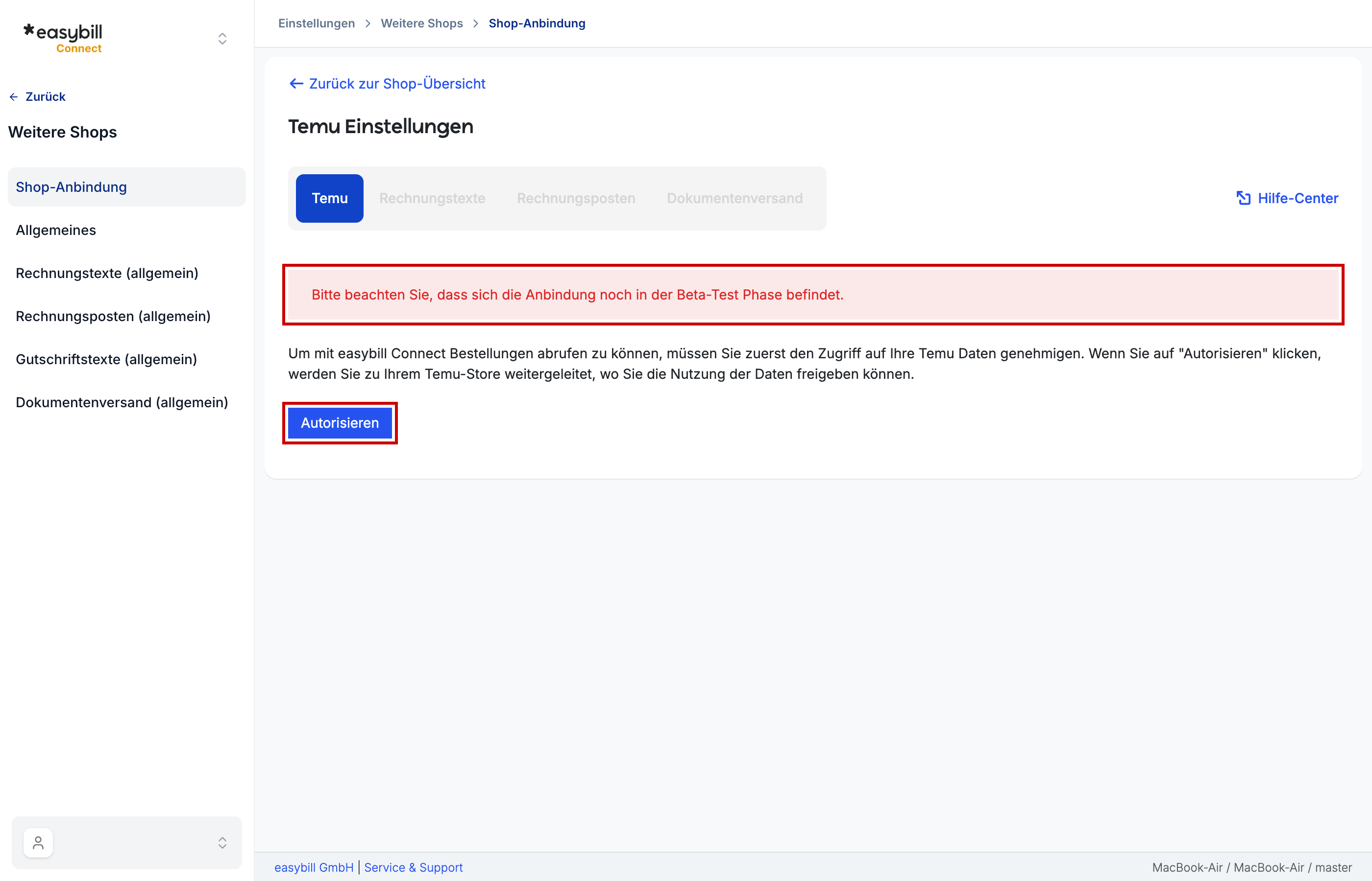 Zeigt Screenshot welches den Button zur Autorisierung der easybill App bei Temu hervorhebt