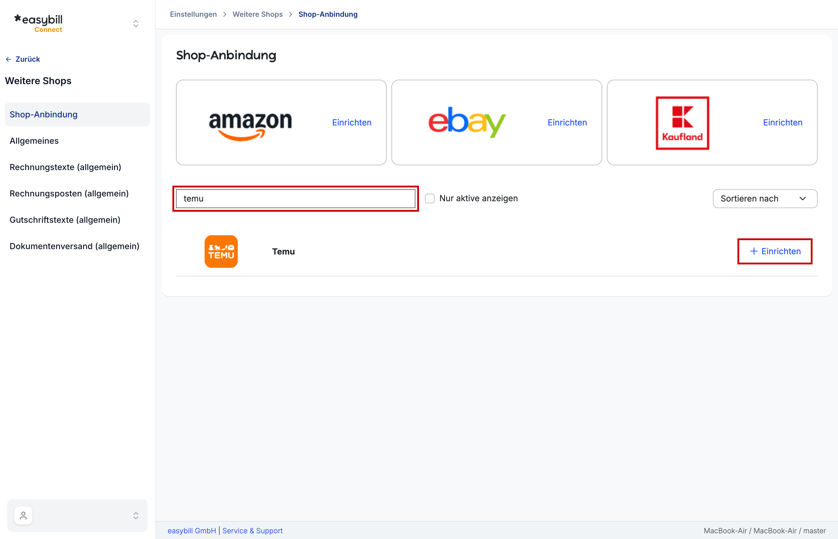 Zeigt Screenshot der Übersicht aller Shop-Anbindungen mit vorselektierten Temu-Eintrag