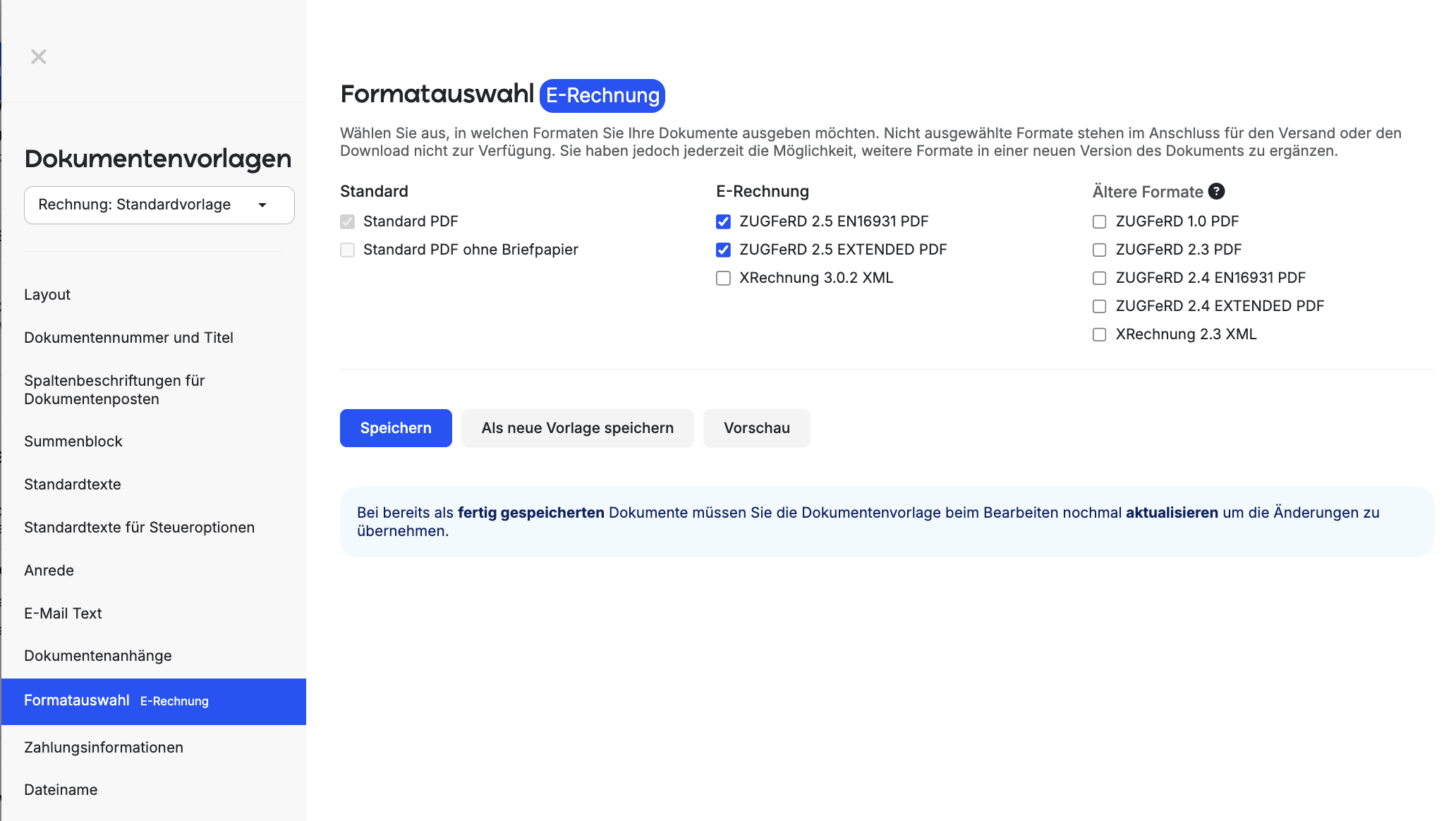 Formatauswahl Dokumentenvorlage